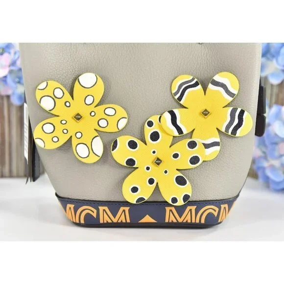 MCM Yellow Grey Goatskin Mini Upcycling Project Flower Milano Drawstring Bag NWT - Picture 2 of 8